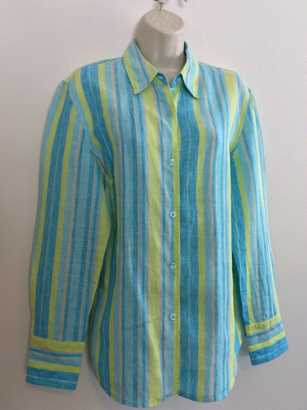 Women’s button up linen shirt in aqua and lemon stripe